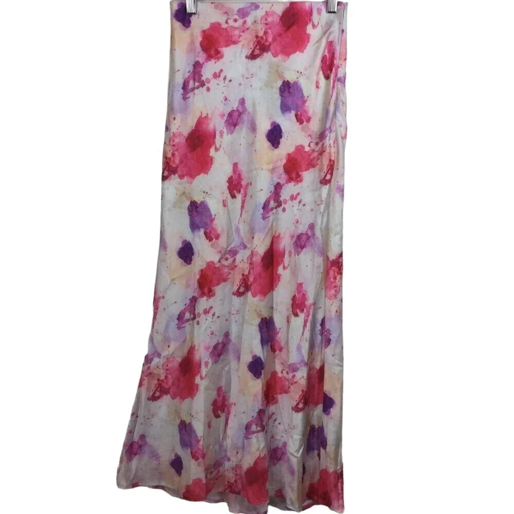 Lulu's Womens Satin Tie-Dye Splatter Side Zip Long Maxi Skirt Pink Size XS